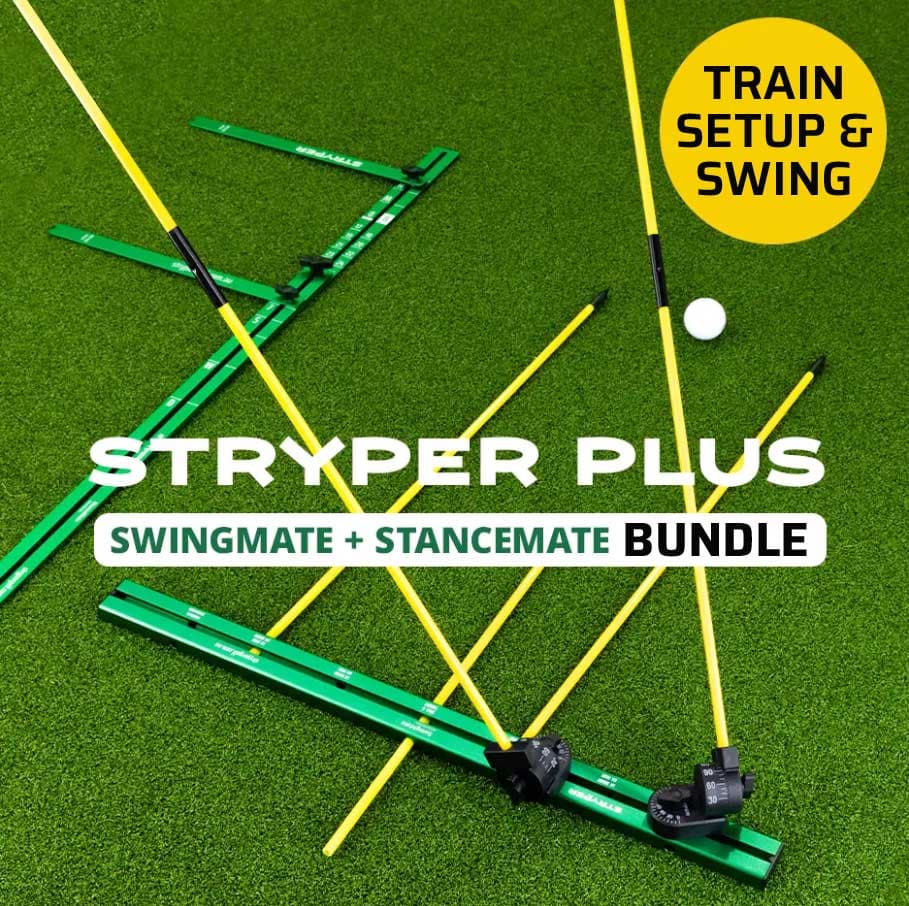Stryper Plus with SwingMate and StanceMate training equipment arranged together on a golf practice surface